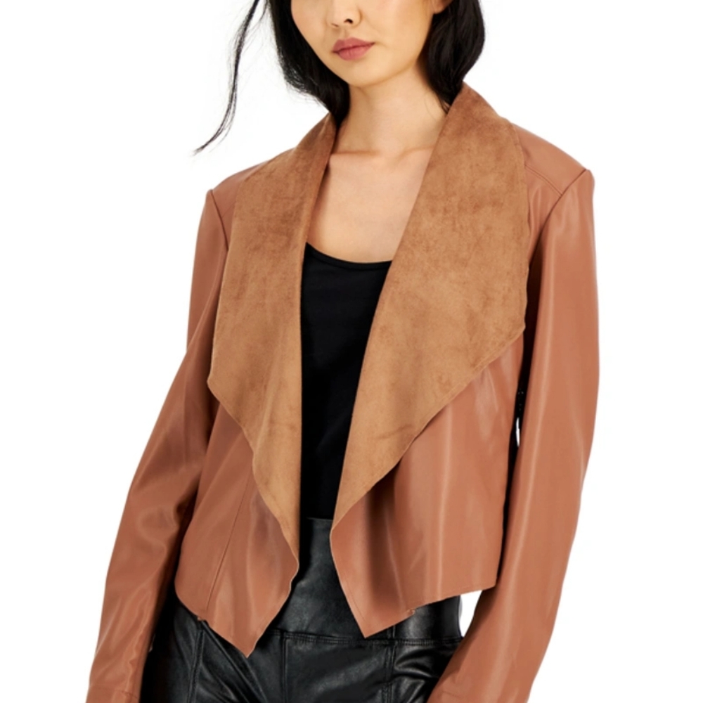 NWT Petite Faux-Leather Flyaway-Collar Jacket